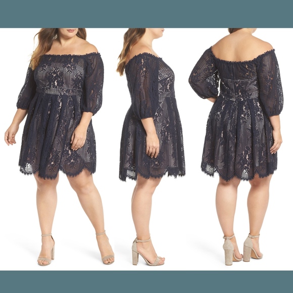 NEW $135 Chelsea28 Floral Lace‎ Off the Shoulder Dress in Navy [SZ 16 ] - Picture 1 of 8